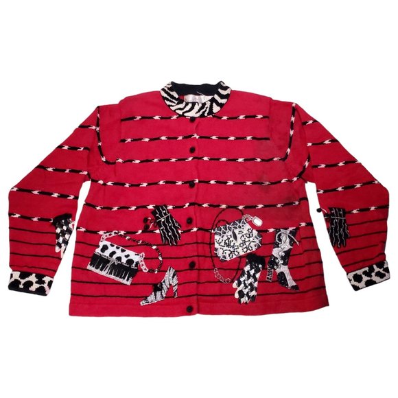 VTG 90s Janes Closet Knit Cardigan Sweater Embellished Purse Shopping Zebra Heel - Picture 1 of 8